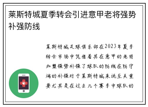 莱斯特城夏季转会引进意甲老将强势补强防线