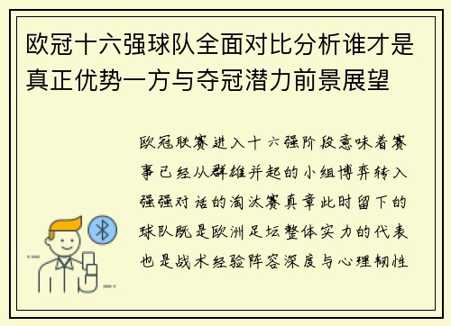 欧冠十六强球队全面对比分析谁才是真正优势一方与夺冠潜力前景展望